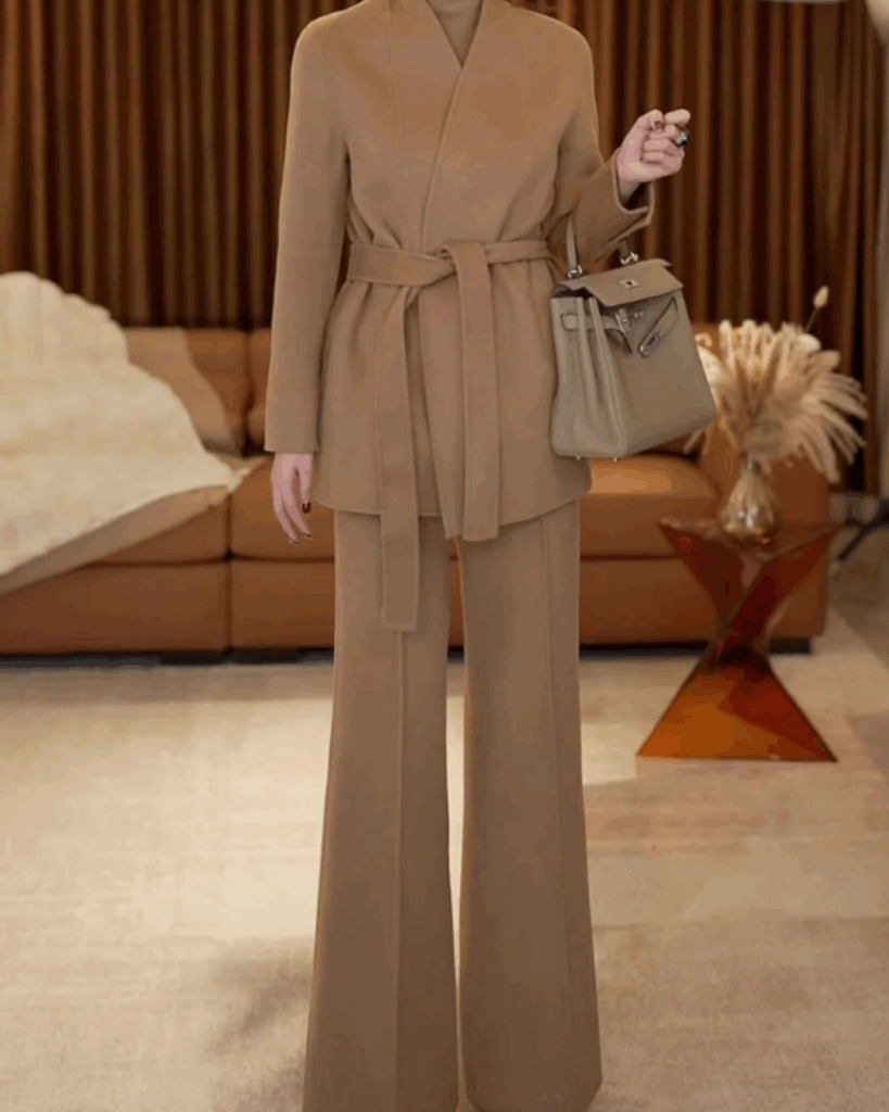 Woman wearing a camel belted jacket and wide-leg trousers in a modern living room, showcasing an elegant and structured silhouette.