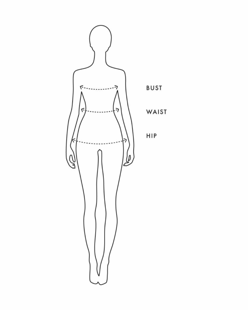 Line illustration of a female figure showing how to measure the bust, waist, and hip with horizontal arrows and labelled sections.