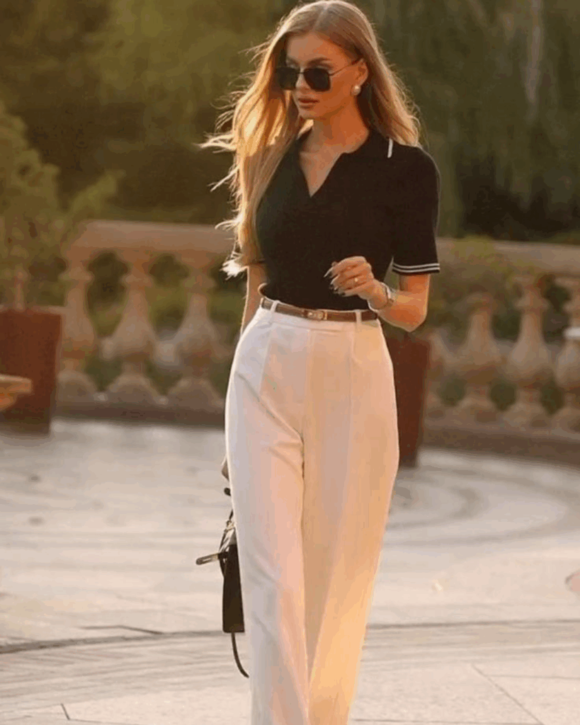 Elegant woman wearing a black polo shirt with white tailored pants, brown belt, and black sunglasses.