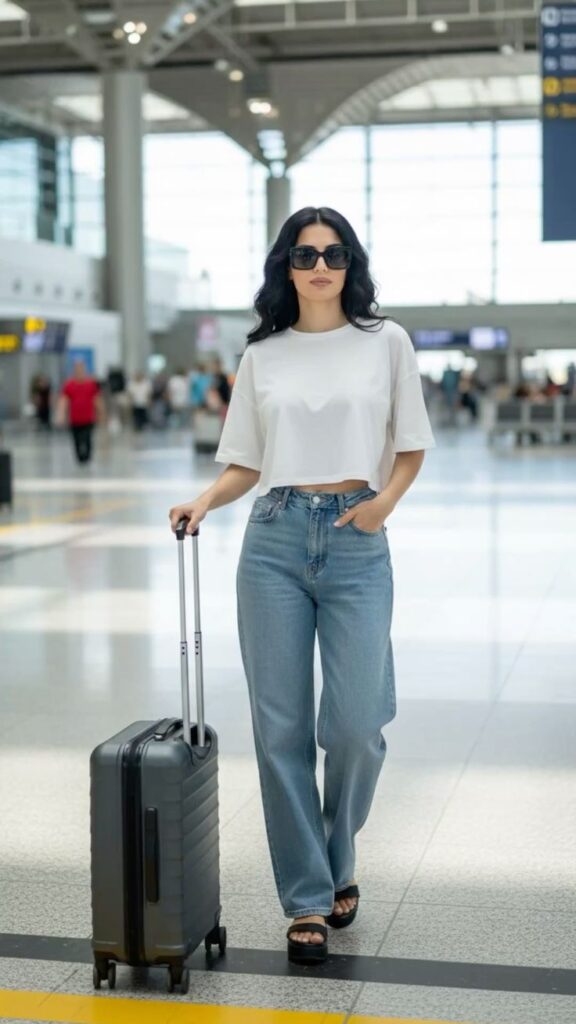 Woman walking through an airport with a suitcase, wearing a white cropped top, high-waisted jeans, sunglasses, and sandals.