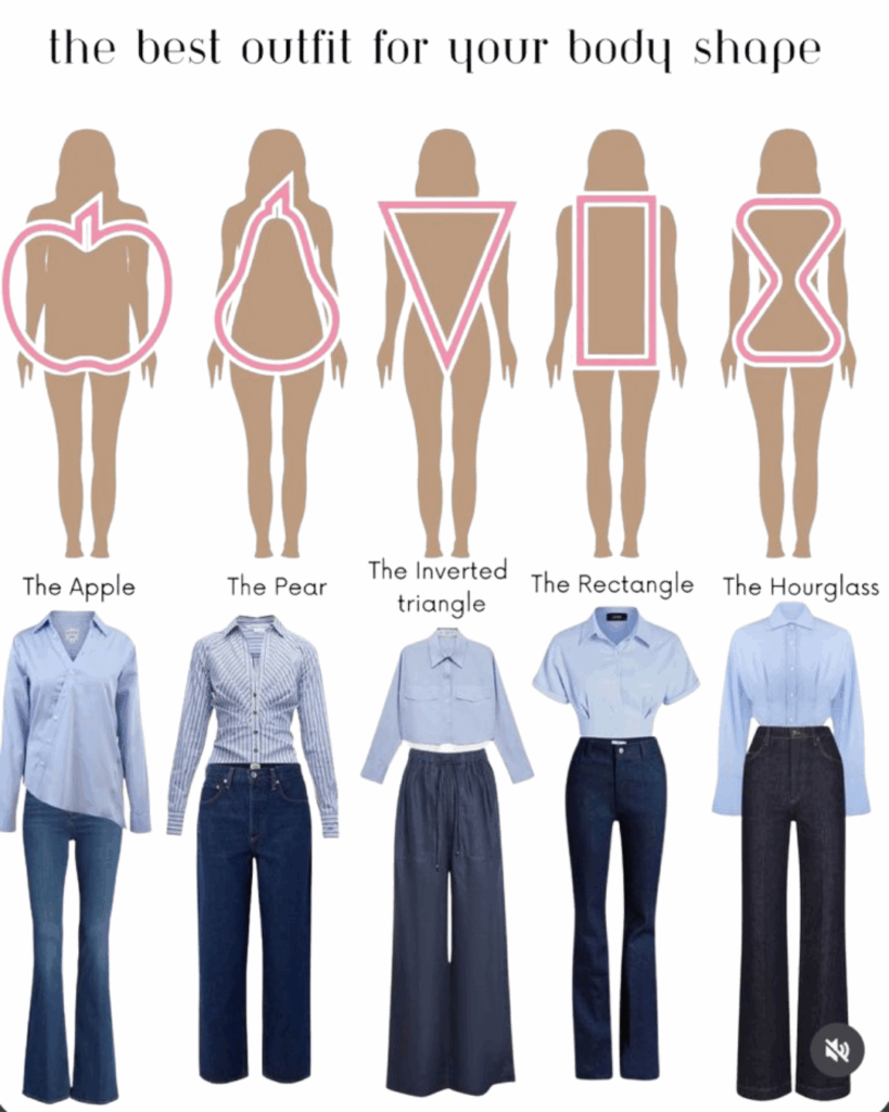 Visual guide showing the best outfits for five body shapes: apple, pear, inverted triangle, rectangle, and hourglass — each with recommended tops and bottoms.
