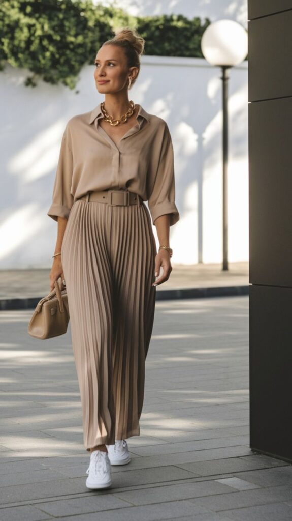 Woman wearing a beige button-down shirt, pleated wide-leg pants, and white sneakers, accessorized with a chunky gold necklace and beige handbag.