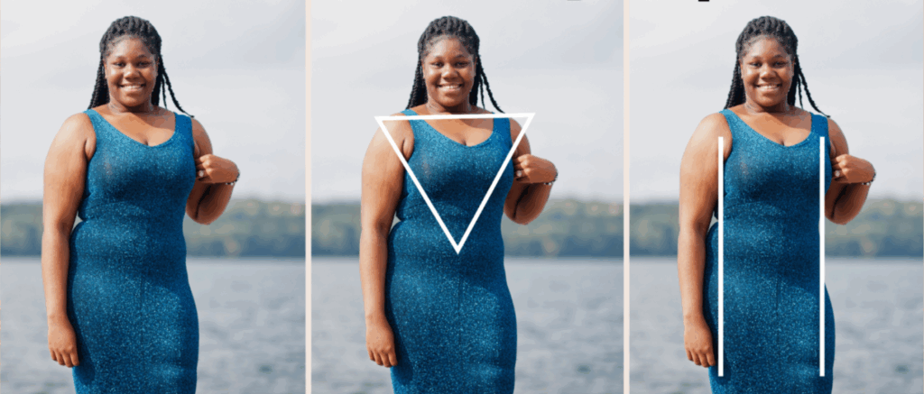 Woman in a blue dress with outline guides showing how body proportions can reflect an in-between body shape.