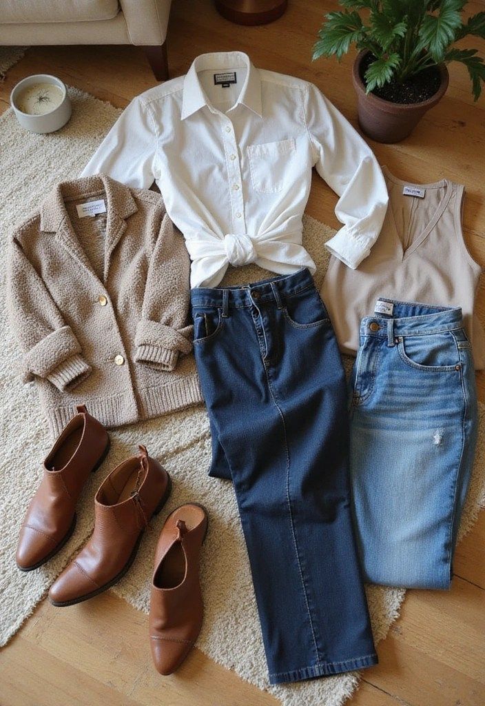 Flat lay of a capsule wardrobe including two pants, a tank top, a blouse, a jacket, and a pair of shoes.