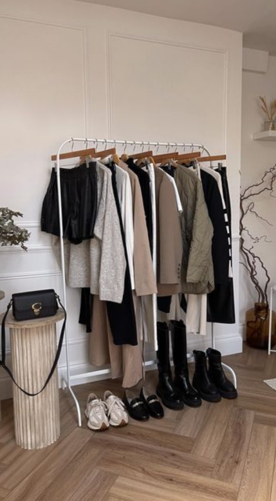 Minimal wardrobe display with neutral clothing and shoes neatly arranged