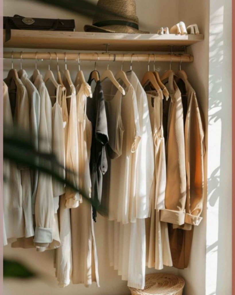 Organised neutral wardrobe with coordinated clothing on hangers