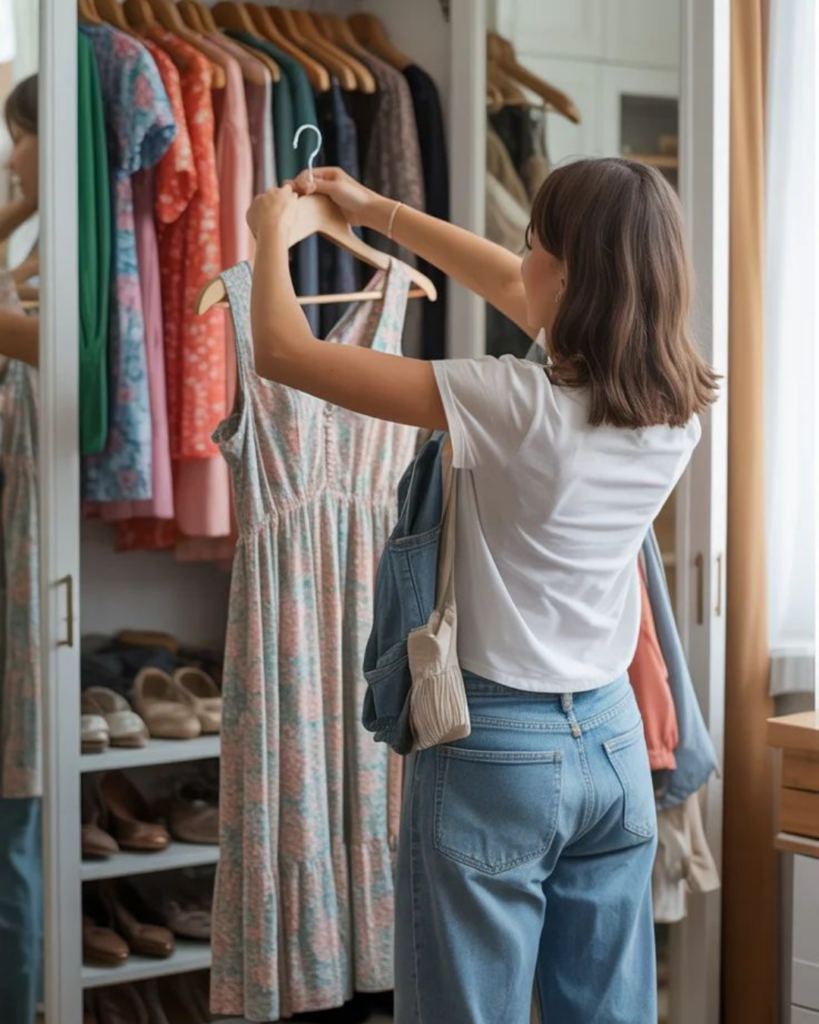 Woman choosing an outfit from her wardrobe with ease