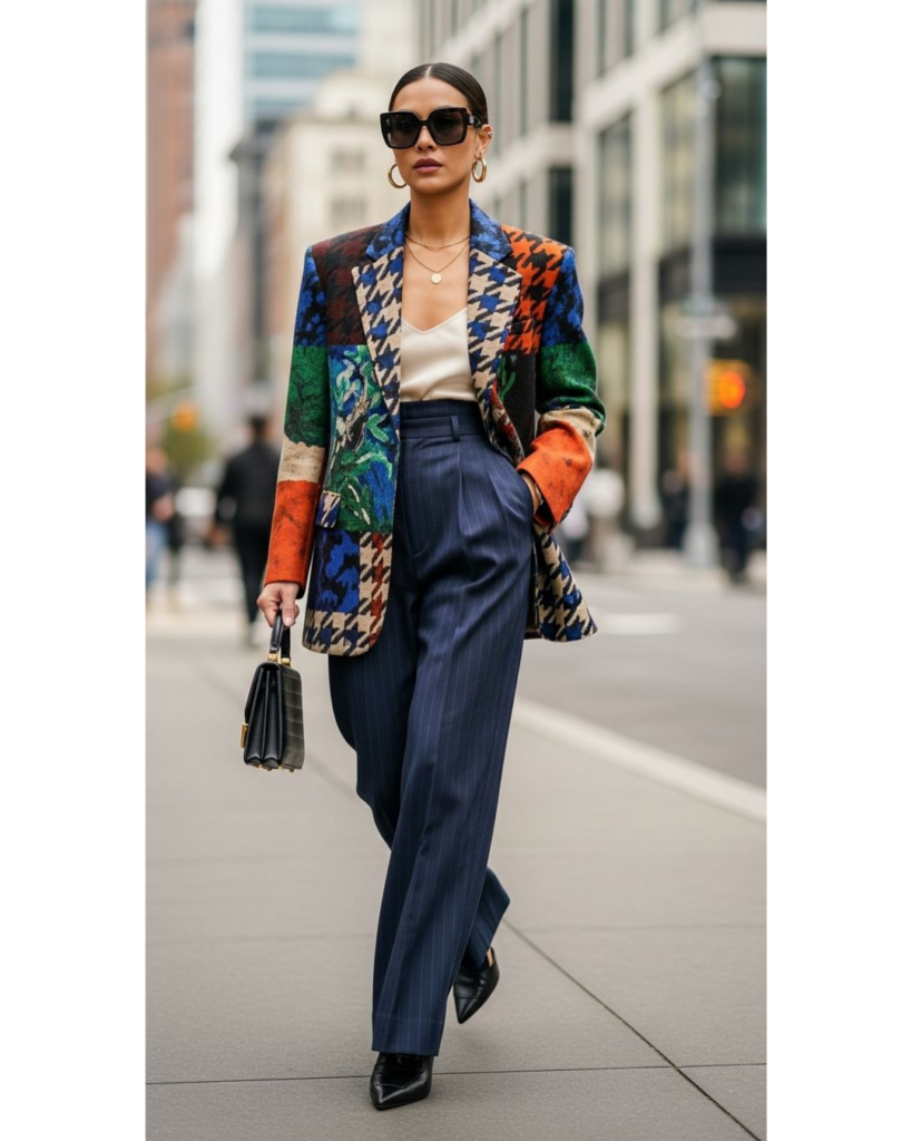 Woman in a bold printed blazer paired with navy trousers creating a balanced mixed print outfit