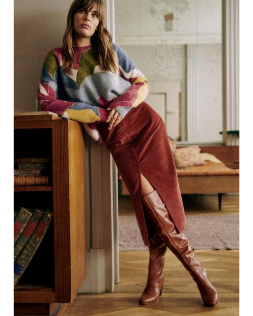 Woman wearing a textured knit with coordinated tones and tall boots for a layered outfit