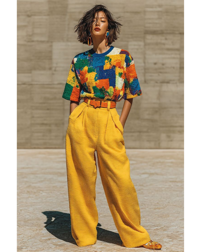Woman in a colourful printed top paired with bright yellow pants creating a bold outfit