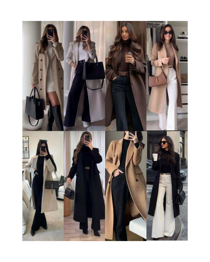 Women in winter outfits showcasing a neutral winter colour palette for women with coats in beige, black, brown, and cream tones