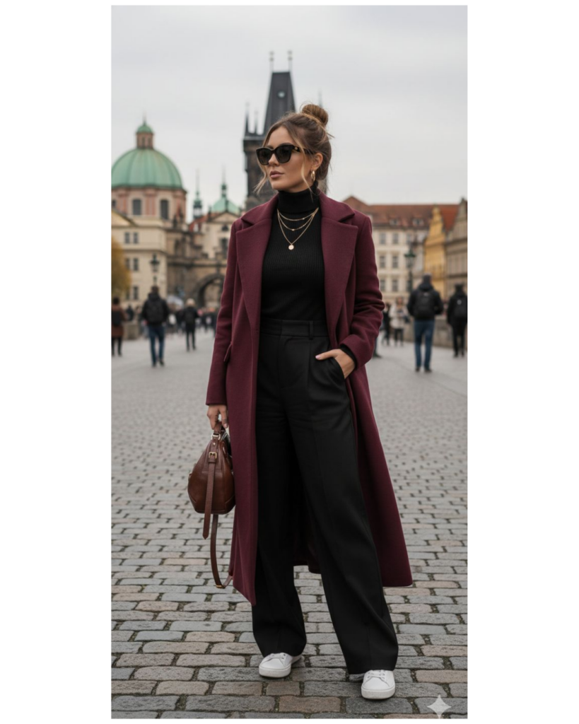 Woman wearing a burgundy coat styled with black outfit and white sneakers as part of a winter colour palette for women
